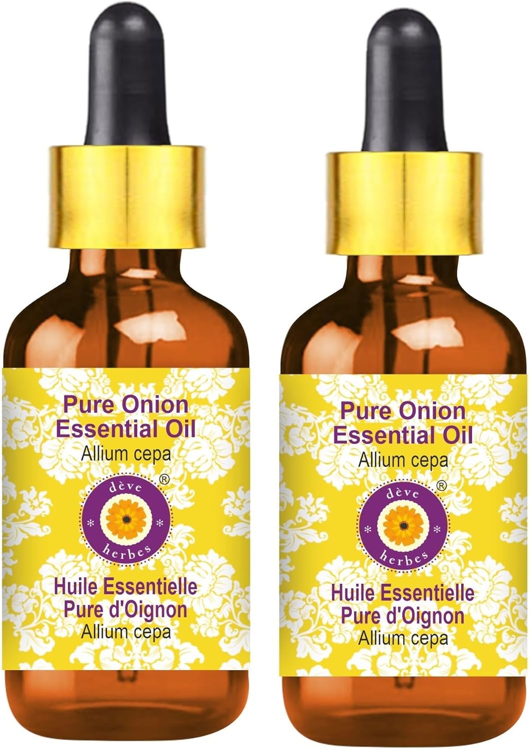 Deve Herbes Pure Onion Essential Oil (Allium cepa) with Glass Dropper Steam Distilled (Pack of Two) 100ml X 2 (6.76 oz)