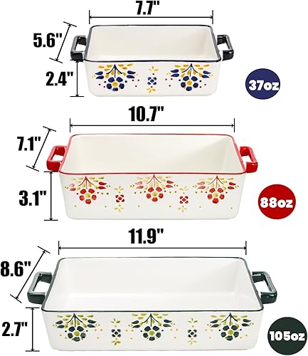 Miniatura 2 de Peohud Juego de 3 cacerolas para horno, platos de porcelana para hornear con asa, grandes sartenes rectangulares para lasaña, juego de utensilios de