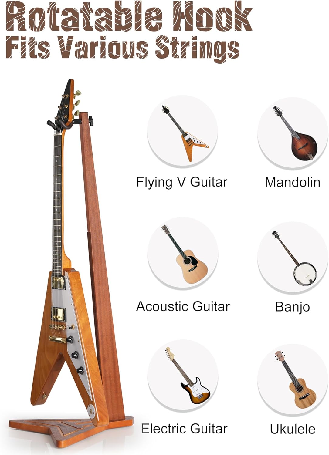 Guitar Stand, Flying V Shape Wooden Guitar Stand, Mahogany Wood Guitar Holder Floor for Electric Acoustic, Bass Instrument Rack for Home Decor Studio