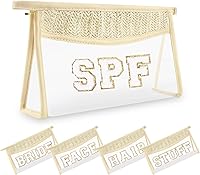 Vista 12 de Pequeñas bolsas de maquillaje transparentes de paja bohemia para mujeres y niñas, bolsa de cosméticos con cremallera de chenilla, bolsa de parche