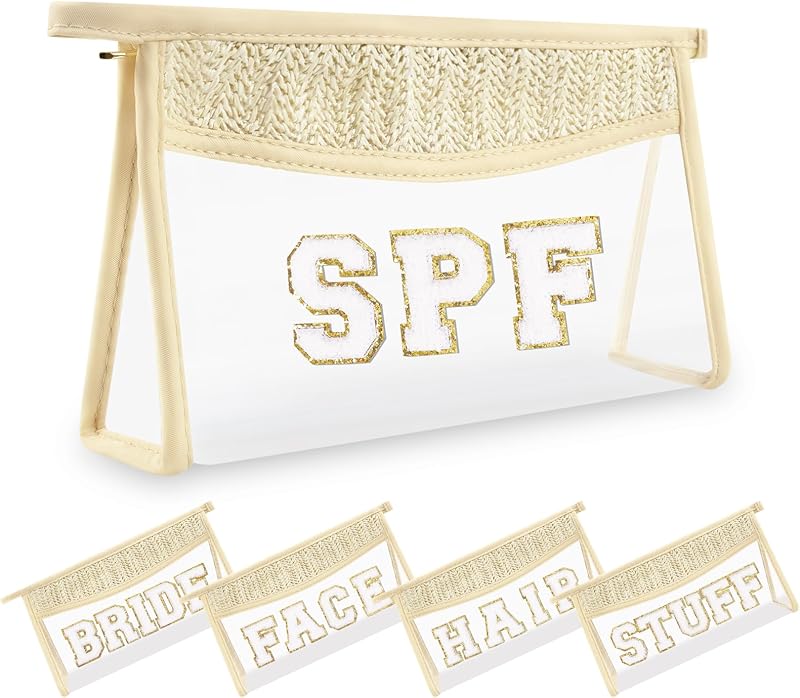 Necessaire de maquiagem transparente UIXIZQ com zíper e patch de letras, bege, 26 cm x 6,99 cm x 14,99 cm