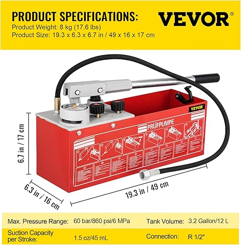 Miniatura 7 de VEVOR Bomba de prueba de presión hidrostática, prueba de hasta 60 bar860 psi, tanque de 3.2 galones, kit de prueba de presión de agua manual