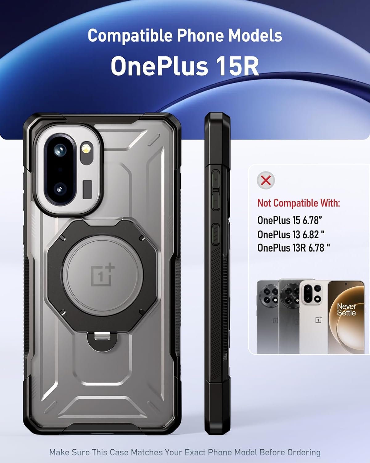 Poetic for OnePlus 15R Case, | 360° Rotate Magnetic Ring Kickstand | Military Grade Drop Proof Protection Cover | Tempered Glass Screen Protector | Translucent Matte Phone Case | Black/Clear