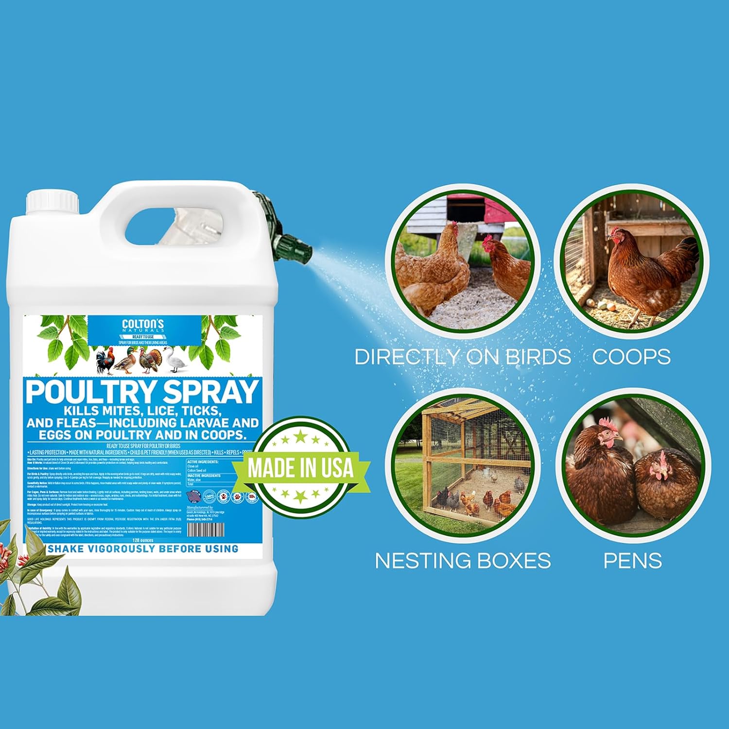 Colton’s Naturals Poultry Spray 1 Gallon – for Chickens – Helps with Mites, Lice, Fleas & Scaly Leg – Safe for Coops, Birds & Backyard Poultry