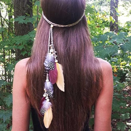 GORTIN Diadema de plumas bohemias, color marrón, con plumas de pavo real, gitano, hippie, festival, fiesta, tocado para mujer