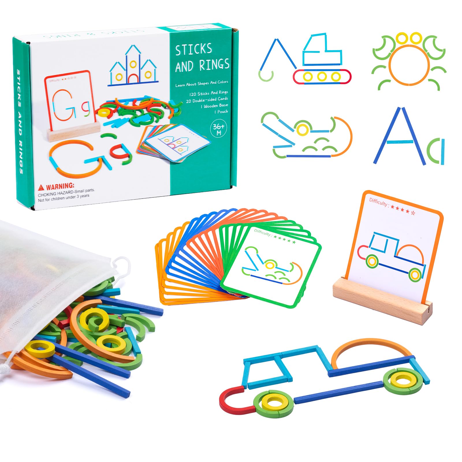 120pcs Wooden Pattern Blocks Shape Puzzles Sticks & Rings Wooden Tangram Puzzle Stem Preschool Brain Teaser Montessori Toys Gift for 3 4 5 Years Old Activity Kids Boy Girl