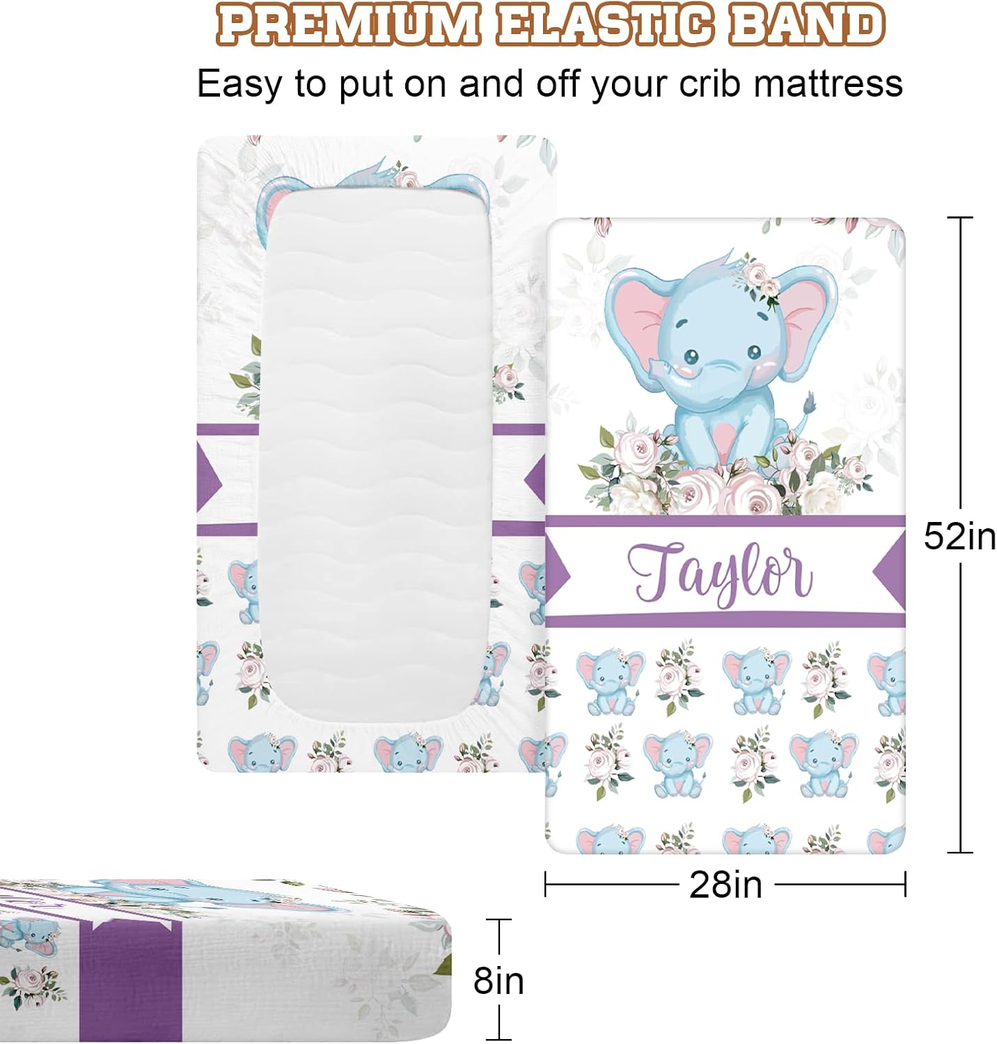 KAINSY 2 Piece Personalized Fitted Crib Sheet - Custom Blue Elephant Crib Sheet with Baby Name Microfiber Silky Soft Toddler Mattress Sheet, Birthday Gifts for Baby Kids