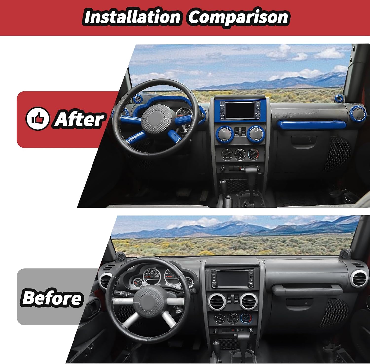 JeCar 13pcs Blue Interior Trim Kit Interior Accessories for 2007-2010 Jeep Wrangler JK JKU Sahara Sport Rubicon & Unlimited