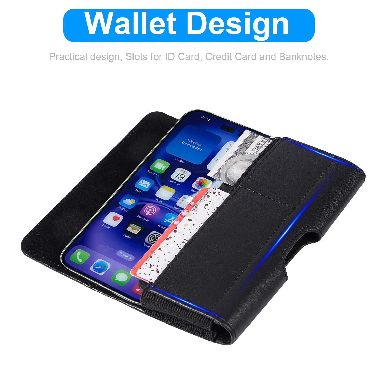 Étui de ceinture horizontal pour téléphone portable iPhone 17 Pro Max, iPhone 16 15 14 13 12 Pro Max, 6,7", fermeture magnétique, avec porte-cartes pour homme, pour Galaxy S25, S24, S23, S22, A33