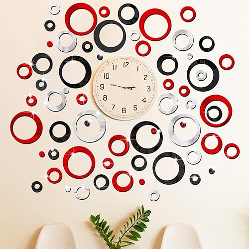 Miniatura 2 de Outus 72 calcomanías de pared para decoración de espejo circular acrílico, extraíble, rojo y negro, puntos redondos a granel, calcomanías rojas para