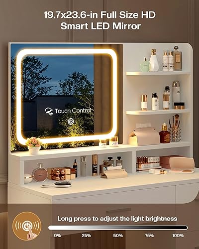 Miniatura 8 de Escritorio de tocador de maquillaje con espejo LED inteligente y estación de carga, juego de mesa de tocador blanca de 35.4 pulgadas con taburete