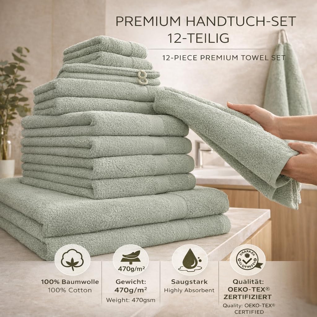 Betz Lot de 12 Serviettes Premium Set de 2 draps de Bain 4 Serviettes de Toilette 2 Serviettes d'invité 2 lavettes 2 Gants de Toilette 100% Coton Couleur Vert Foin