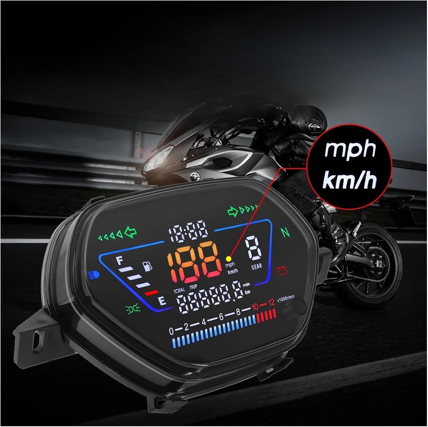 Motorcycle Speedometer Gauge Universal Digital Motorcycle Tachometer Moto Dashboard Oil Gauge Tachometer RPM Voltage Meters Odometer Oil Level Indication