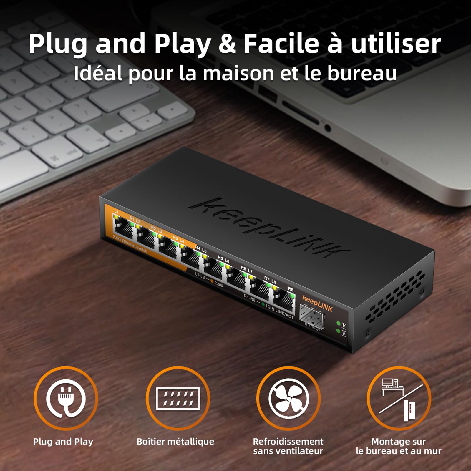 Switch Ethernet 2.5G 8 Ports, Switch Multi-Gigabit Non géré, Capacité de Commutation 60Gbps, Silencieux, sans Ventilateur, de Bureau / Montage Mural