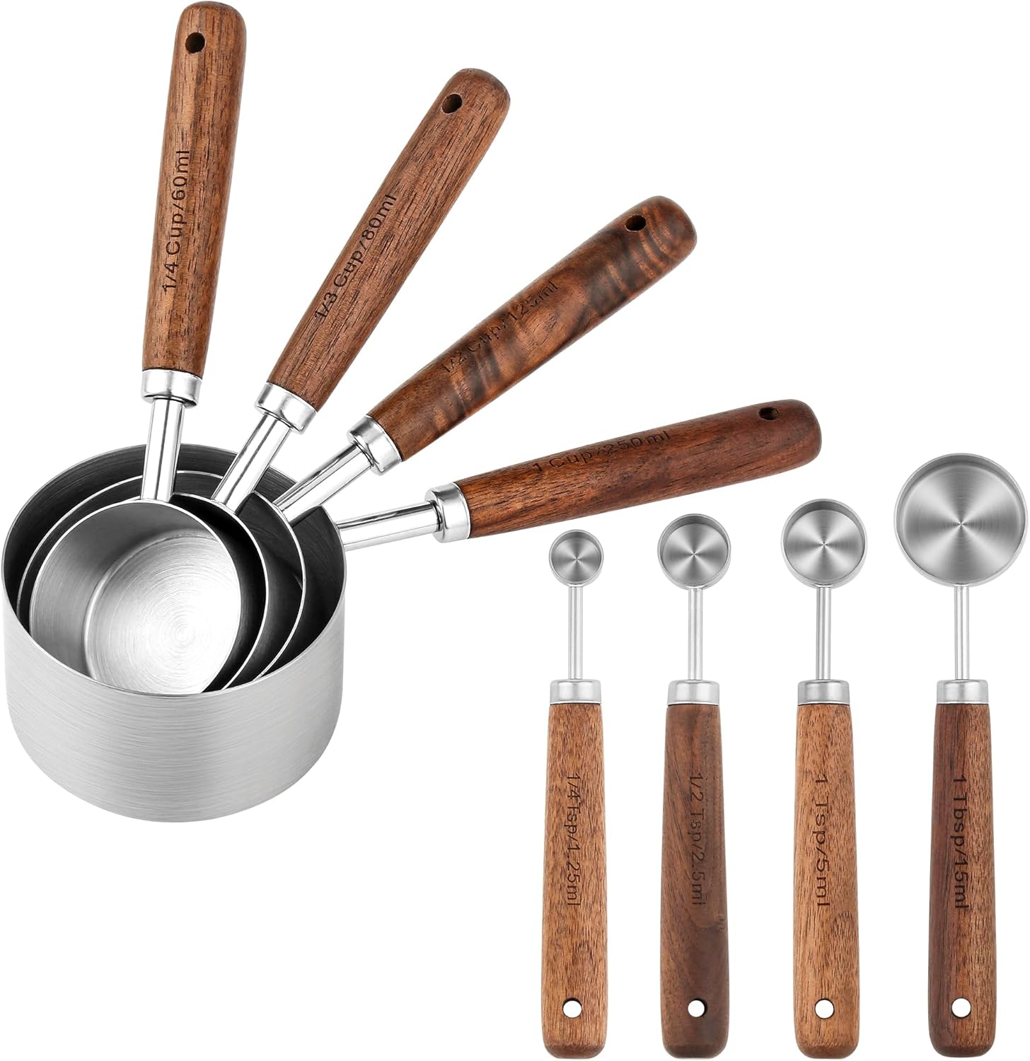 Smithcraft Copper Measuring Cups & Spoons Set 8, Stainless Steel Measuring Cups and Spoons Set for Baking and Kitchen, Metric & US Metal Measure Cup & Spoon with Wood Handle for Dry & Liquid