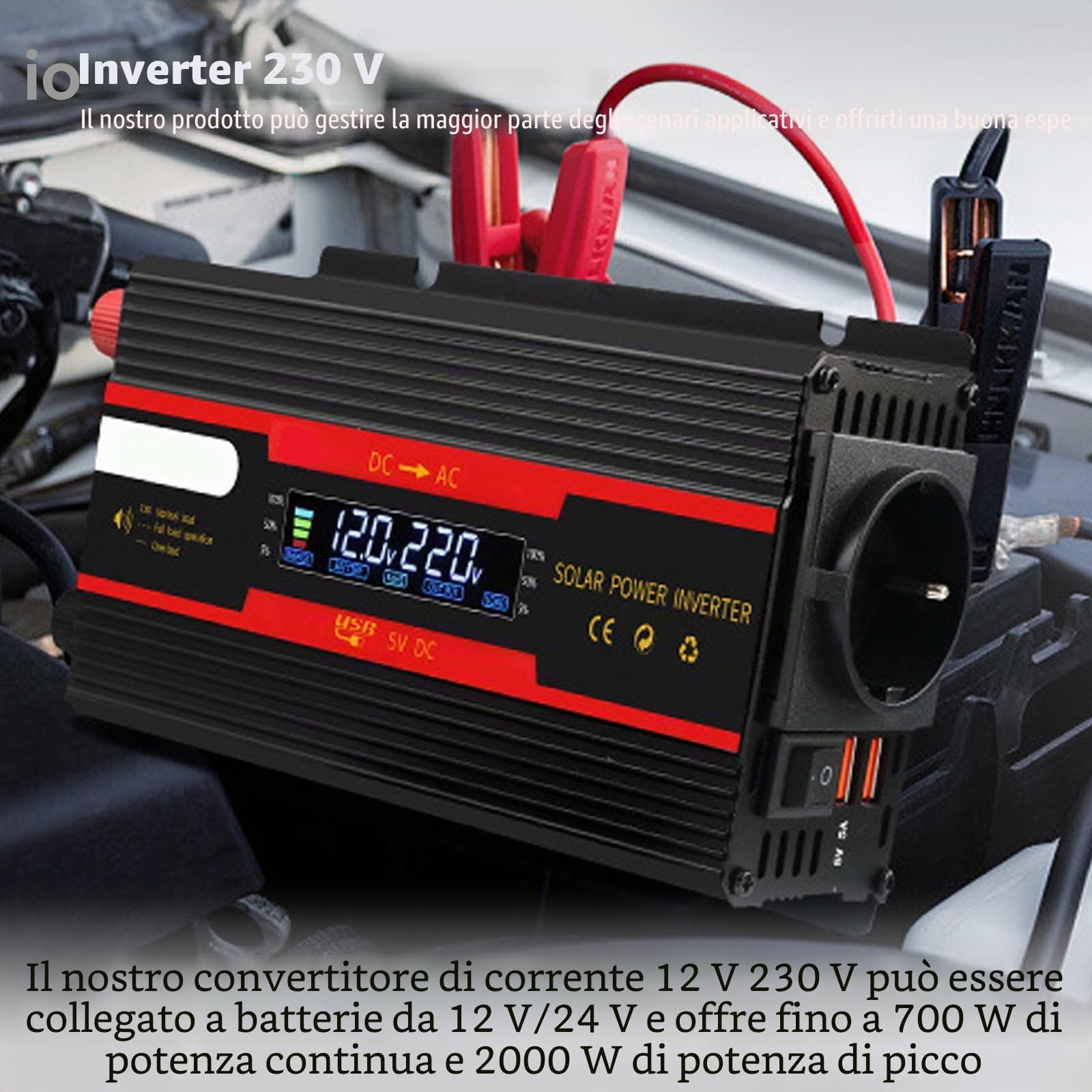 Invertitore solare DC 12 V/24 V su AC 230 V 700 W/2000 W Adattatore USB, per auto, camion, roulotte, campeggio