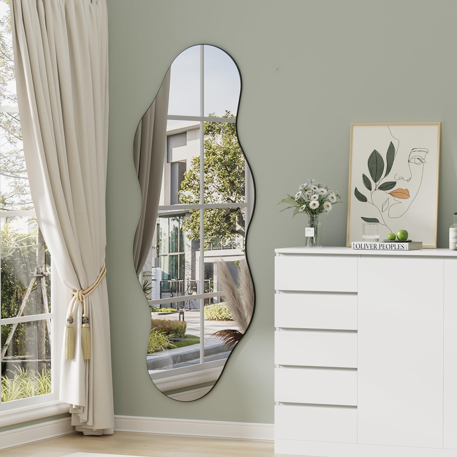 Muzilife Specchio asimmetrico per tutto il corpo, 160 x 60 cm, irregolare grande specchio da parete con pannello posteriore in MDF, specchio decorativo per parete, soggiorno, bagno, corridoio