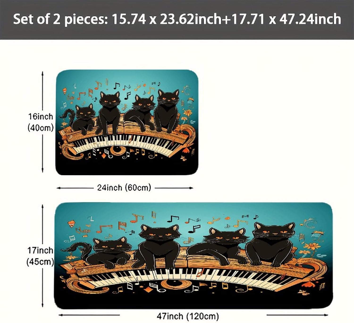 Four Black Cats Lying on The Piano Keyboard Kitchen Mat Washable Non Slip Rugs Soft Kitchen Mats for Floor Set of 2 PCS Cushioned Absorbent Runner Standing Rugs for Home Sink Laundry Office