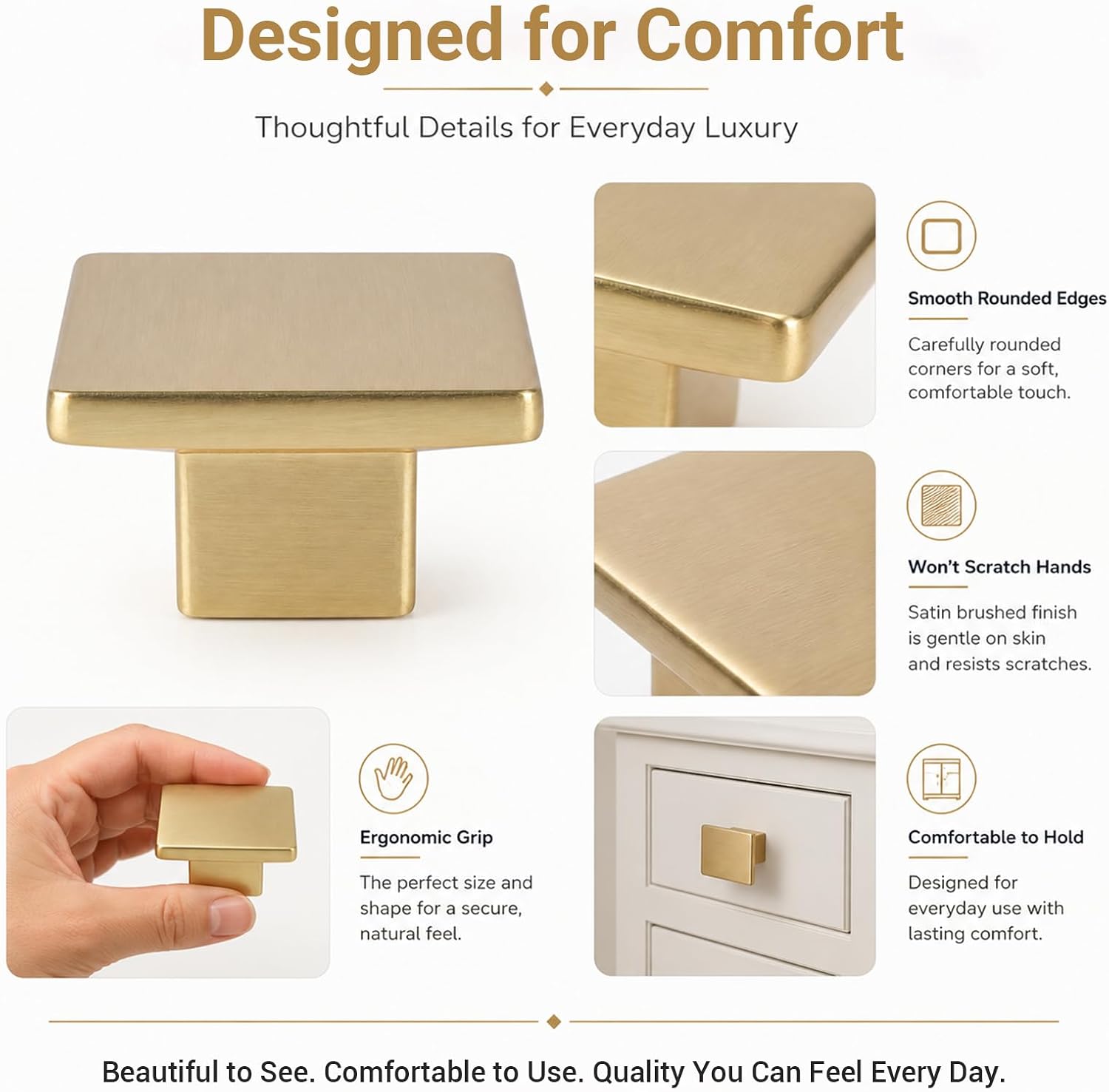 6 Pack Square Cabinet Knobs Satin Gold Zinc Alloy