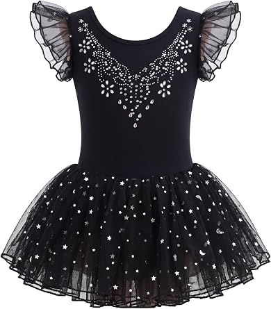 Mecceos Girls Ballet Leotard with Tutu Skirt Ruffle Sleeve Ballerina Dress for Girls Sparkly Dance Outfits Toddler Costumes