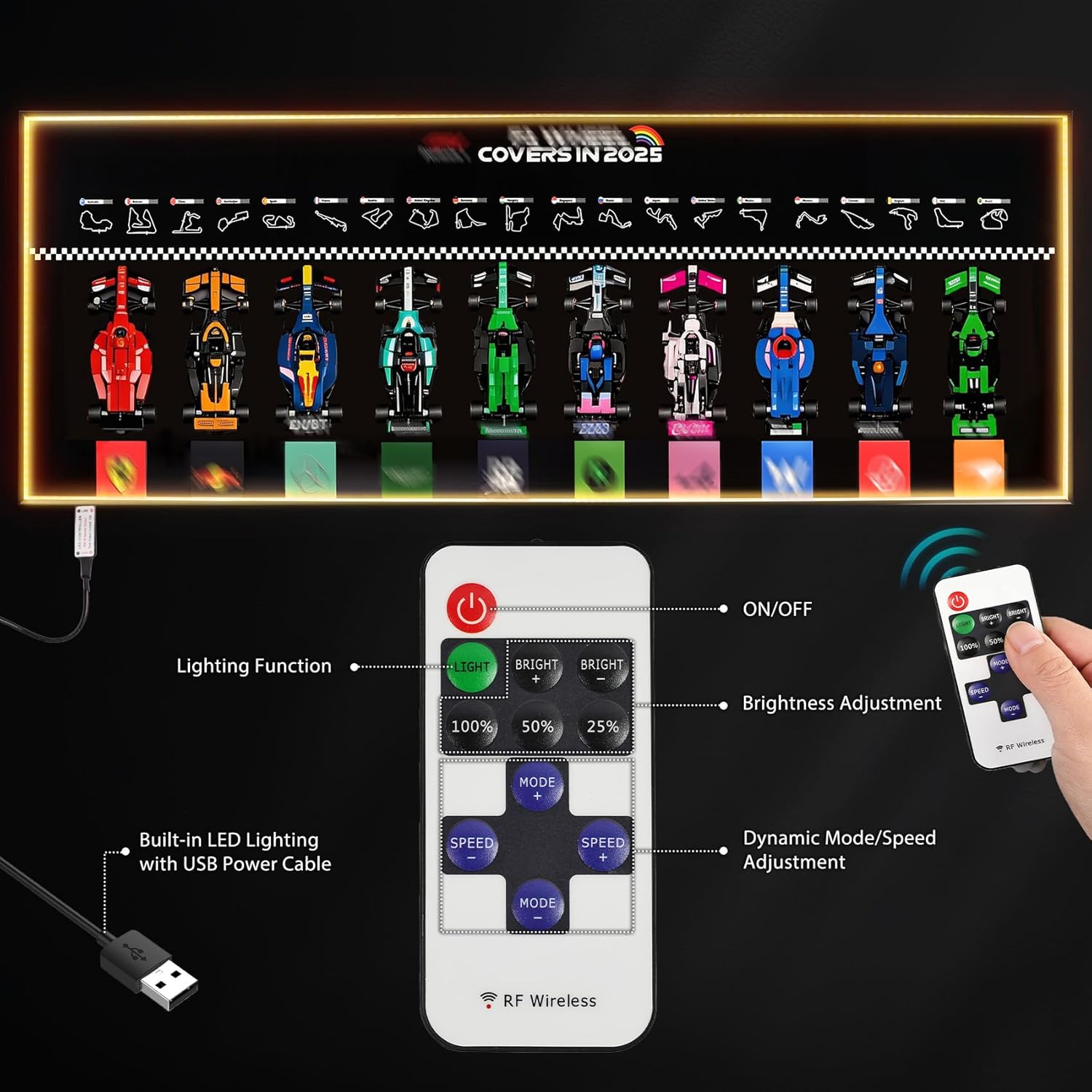 47.2 x 17.7 in Remote-Controlled LED Display Wallboard Compatible with LEGO F1 Speed Champions 10-Car Collection Set 66802, Supports Up to 15 lbs (Models Not Included)
