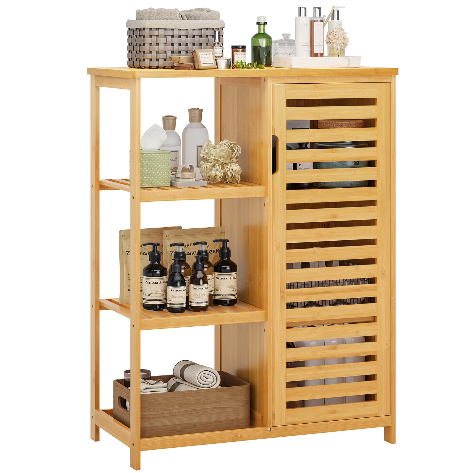 VIAGDO Badezimmerschrank Bambus mit 3 offenen Ablagen, Badschrank mit Tr  Badezimmer-Aufbewahrungsschrnke Kchenschrank fr Flur, Wohnzimmer, Kche,  Arbeitszimmer, 66 x 33 x 87 cm : Amazon.de: Kche, Haushalt & Wohnen
