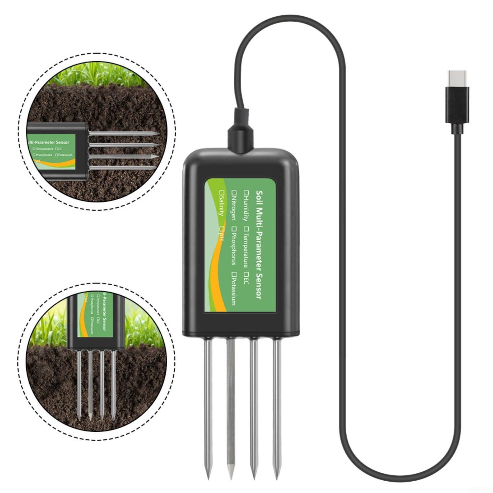 Sensor de suelo USB para Android y para sistemas hongmeng, medidor de humedad de pH IP68 NPK con cable de 2 m