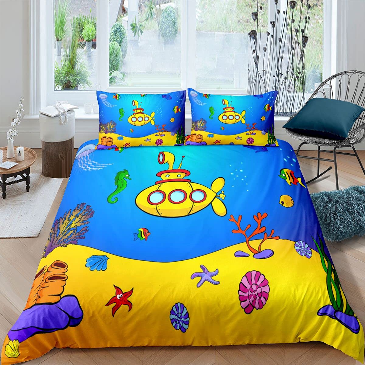 Loussiesd Juego de ropa de cama para niños, peces oceánicos, coral, amarillo, submarinos, juego de ropa de cama con 2 fundas de almohada, juego de cama Super King