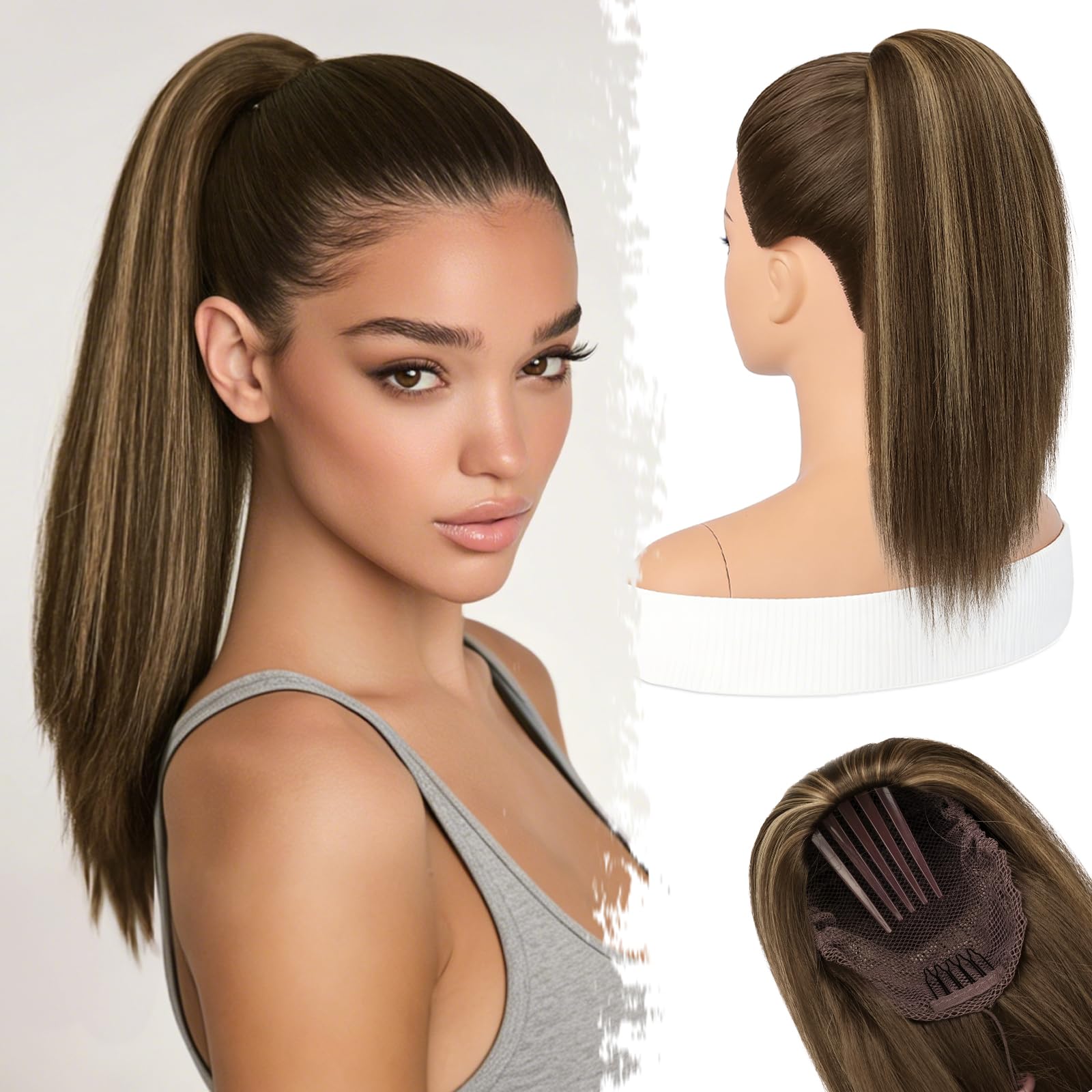 BARSDAR Liso Coleta Postiza Extensiones Pelo, 40cm Corta Cola de Caballo Extension con Cordón Natural Sintética Cheer Posh Ponytail Extensiones Postizos Fiestas Cheer Competition - Marrón con Rubio