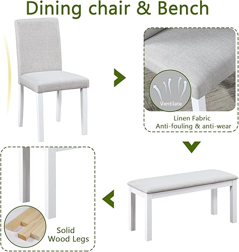 Miniatura 6 de KEIKI Juego de mesa de comedor de altura estándar de 6 piezas con mesa rectangular, 4 sillas tapizadas, banco, para 6 personas, juego de mesa de