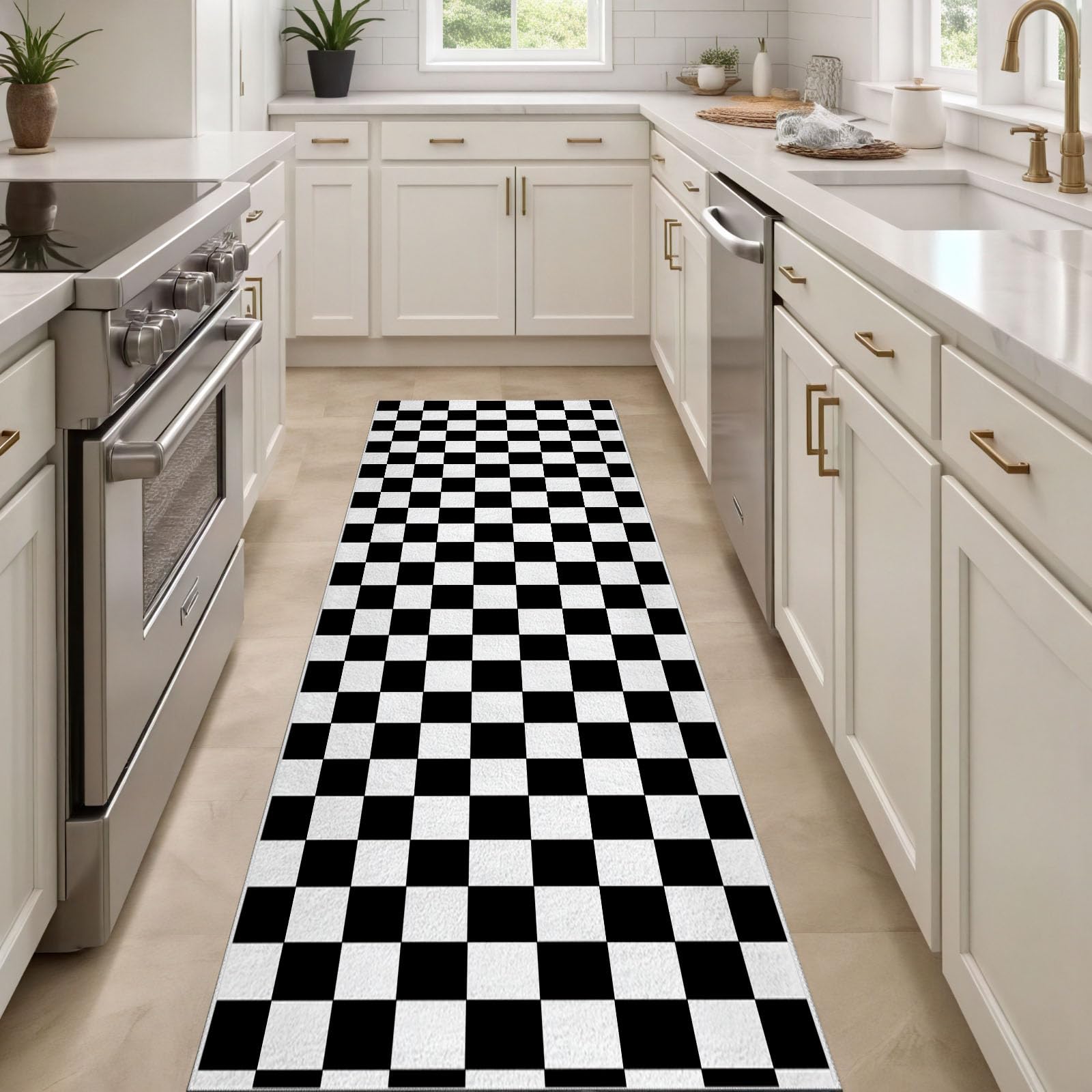 Damier Noir Blanc Tapis de Couloir 80x300cm Antidérapant Plaid Géométrique Tapis de Passage Lavable Doux Minimaliste Moderne Moquette Long Doux pour Chambre à Coucher Couloirs Salon Cuisine