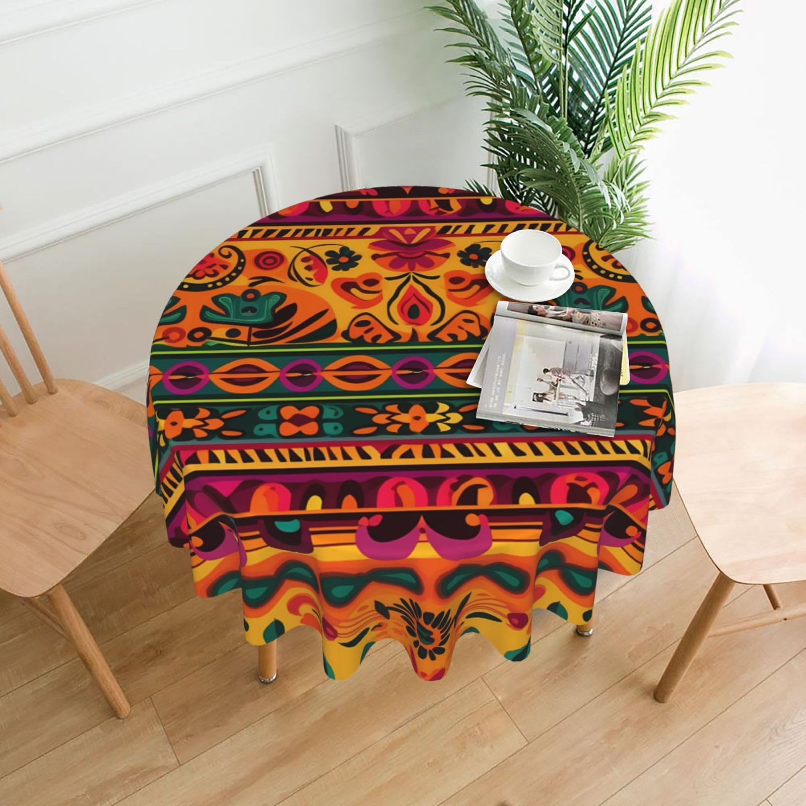 Fodpand Black Mexican Folk Art Boho Tablecloths For Round Tables 60 Inches - Reusable And Washable Kitchen Table Clothes Decorative Table Cover For Dining Tables, Buffet Parties, Wrinkle Resistant