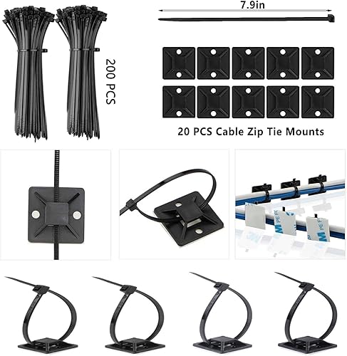 Miniatura 7 de ELII Kit de organización de cables de 300 piezas, 4 fundas para cables, 35 clips para cables con 11 soportes para cables, 20 rollos de correas