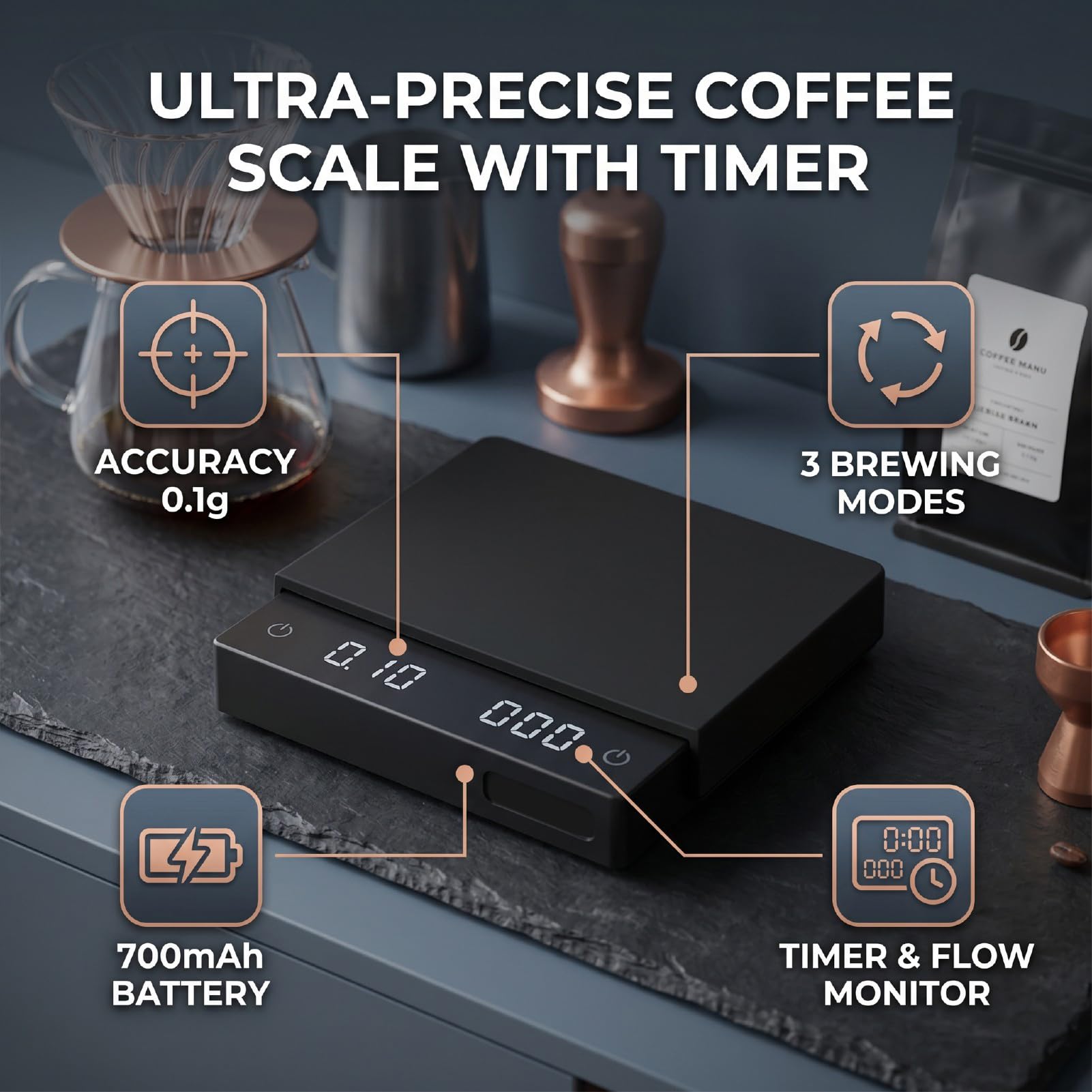 Ejoyous Kaffeewaage, Wiederaufladbar, Digitale Küchenwaage mit Timer, 0,1 G, Präzision, 2000 G Kapazität, ABS-Aluminiumlegierung, Zum Übergießen von, Heimbrauen Im Café
