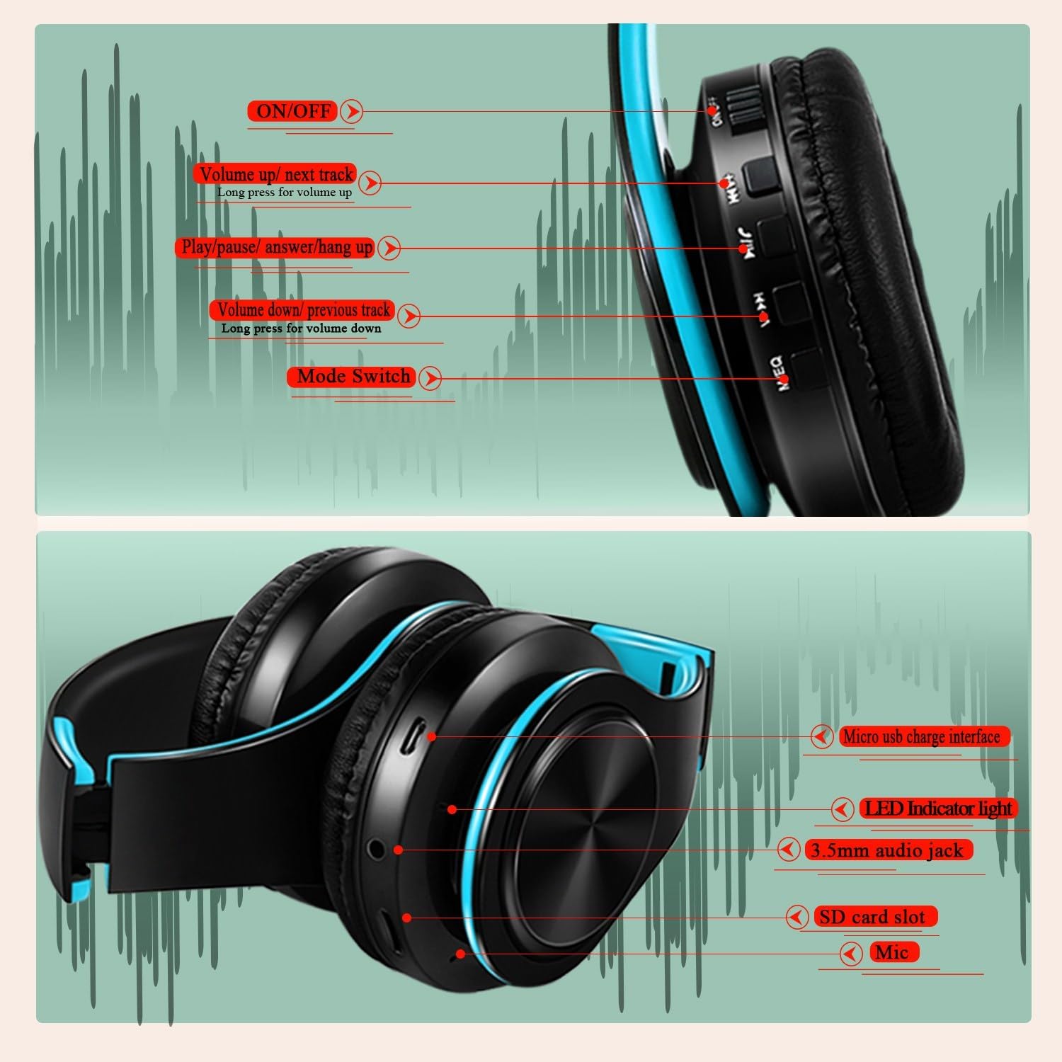 Bluetooth Headphones, Chat- Comfortable Over Ear Stereo Headphsets with Mic, Soft Earmuffs/Foldable/SD/TF, 20H Playtime, Great for Music/OFC/Tour/Gym/Game (2 pcs Blue Colors)