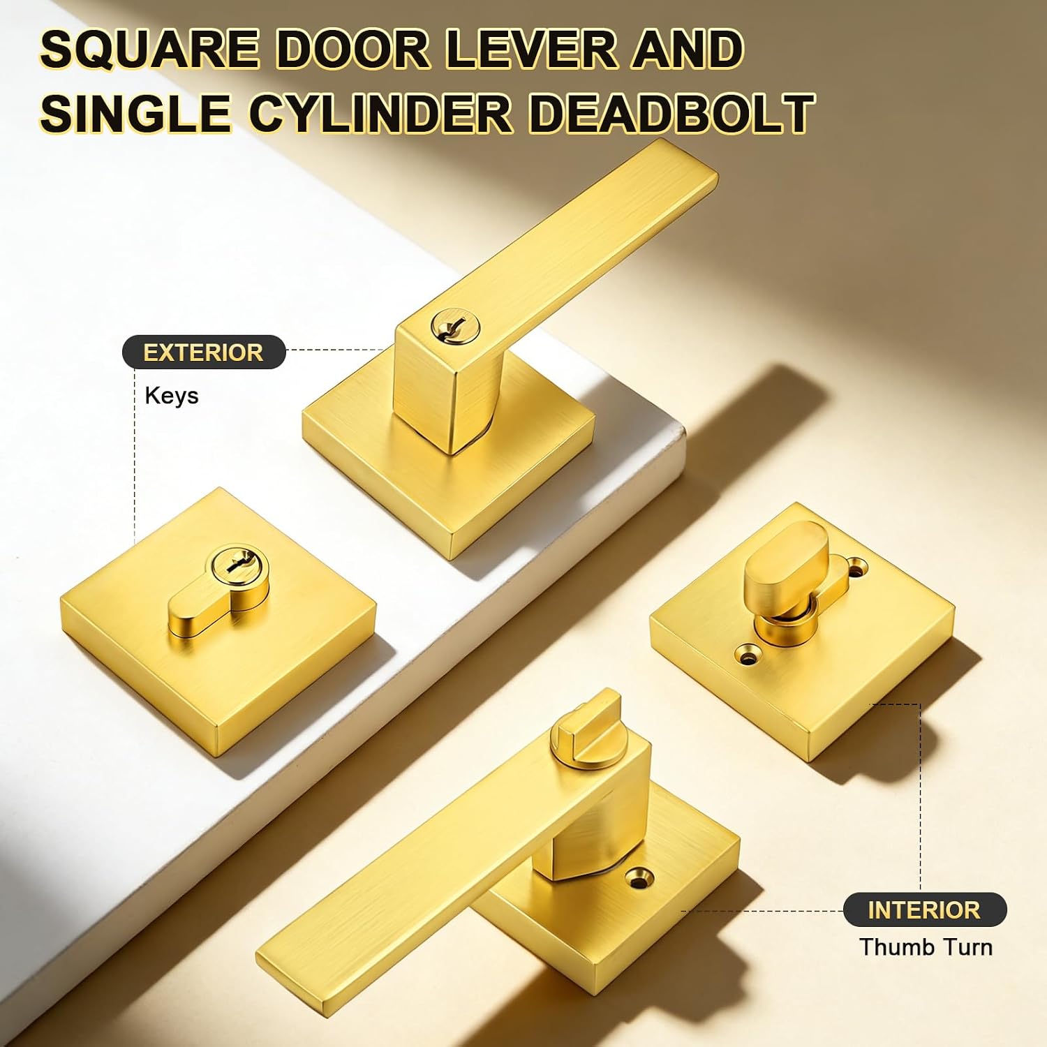 2 Pack Gold Exterior Door Lock Set with Deadbolt, Brass Square Front Door Handle Set, Door Levers Single Cylinder Deadbolt Set, Keyed Alike Heavy Duty Keyed Entry Handles Locksets