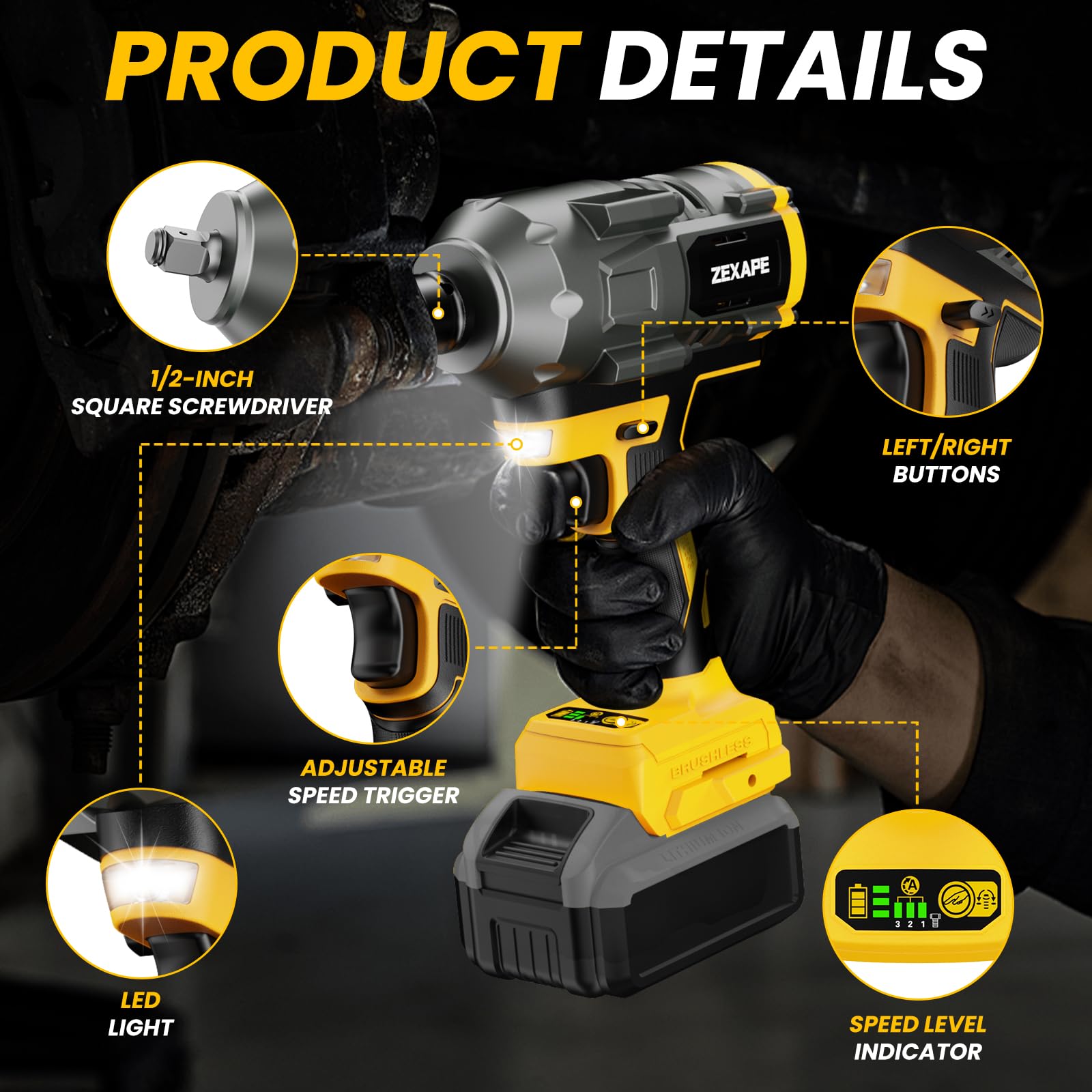Akumulatorowa wkrętarka udarowa 1/2" do DeWalt 20 V, wkrętarka udarowa 950 lb, bezszczotkowy elektryczny klucz udarowy, wkrętarka udarowa z