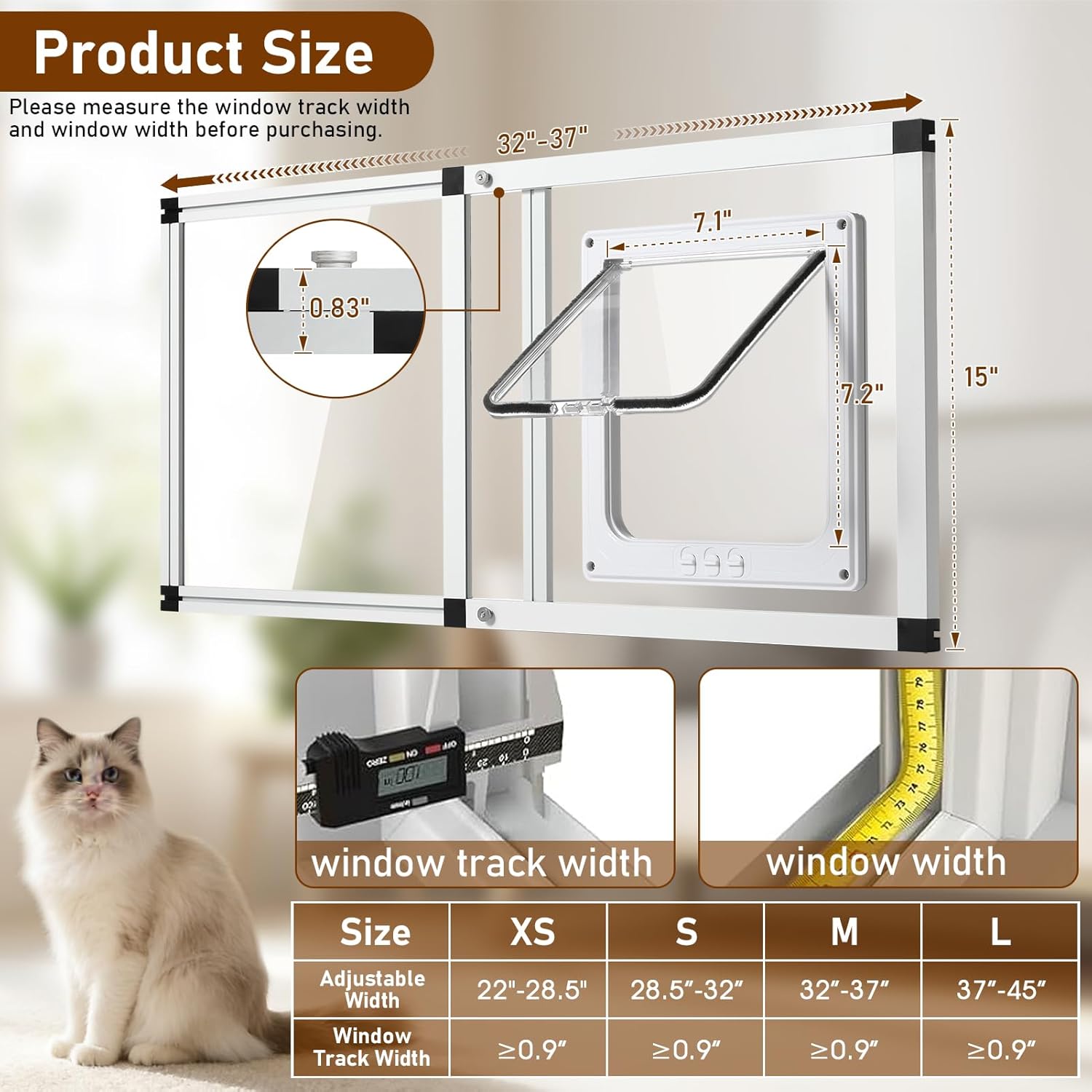 Full Glass Cat Door for Window,32"-37" Adjustable Width,1-Min Install | 4 Locking Modes,Aluminum Frame,HD Glass,Magnetic Closure,Weatherproof Sliding Pet Door Window Insert for Cats