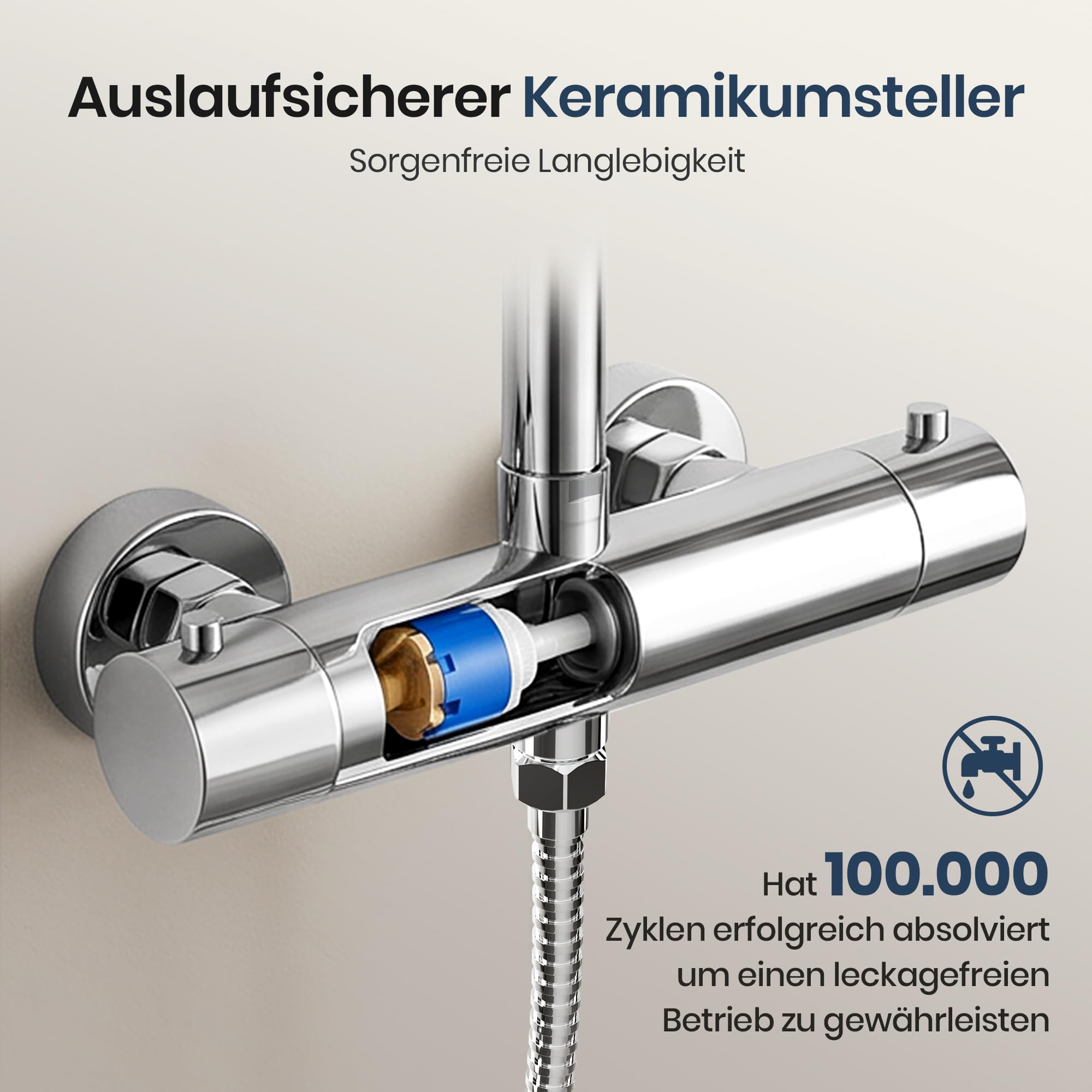 Duschsystem mit Thermostat Chrom, Duscharmatur Komplettset mit 3 Strahlarten Handbrause & 26cm Rund Kopfbrause, Höhenverstellbarer Duschstange, 150cm Schlauch, Regendusche mit Armatur
