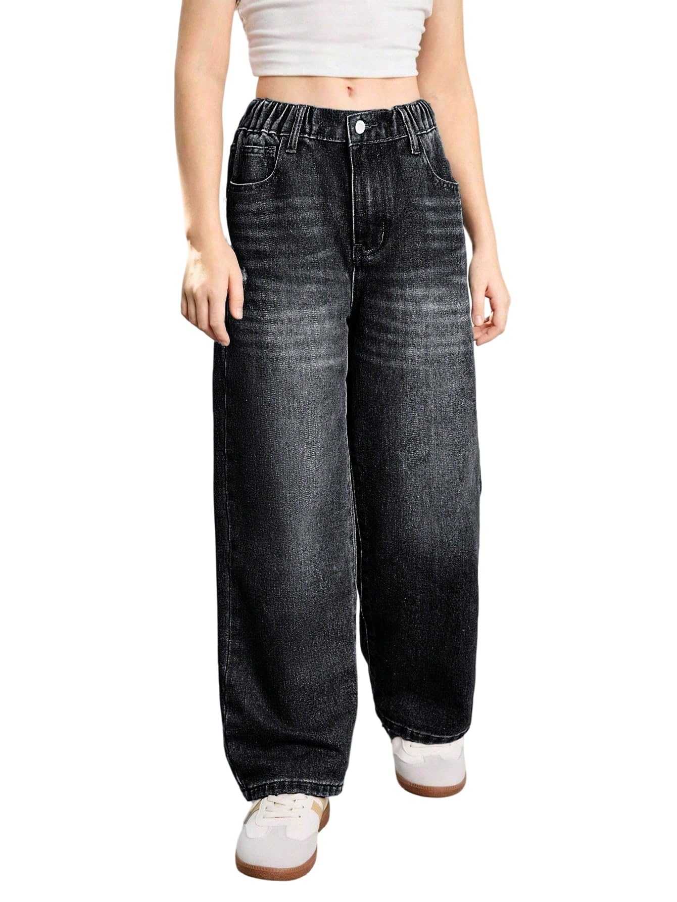 SOLY HUX Vaqueros para niña con bolsillos, pierna ancha, vaqueros con cremallera, cintura alta, vaqueros con botón, pantalones casuales