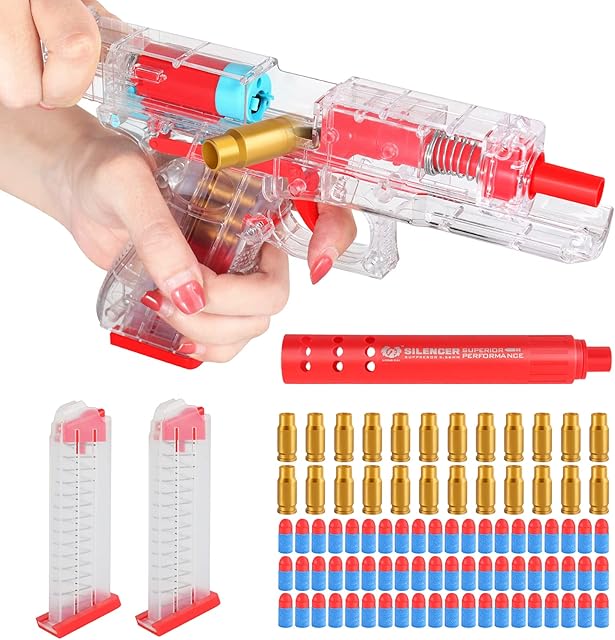 Shell Ejection Toy Gun with Magazine Soft Foam Pistol for Kids Clear Transparent White
