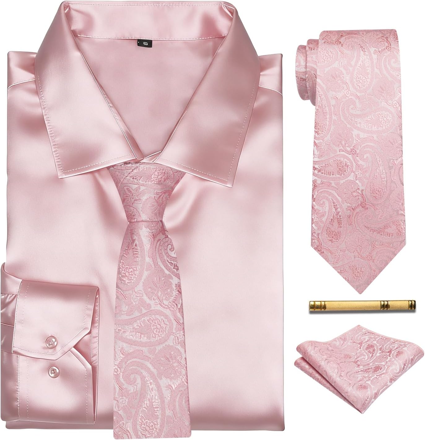 YourTies Satin Silk Shirt and Tie Set for Men Button Down Shirts Long Sleeve Pocket Square Cufflinks Tie Clip Party Luxury