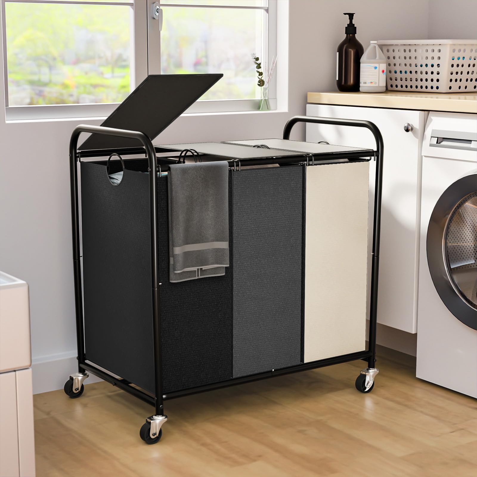 Photo 1 of 180L (47.55 Gal) Laundry Sorter 3 Section, Rolling Laundry Basket with Lockable Wheels and Lid, Laundry Hamper with 3 Separated Removable Bags Dirty Clothes Hamper for Laundry Room, Multicolored