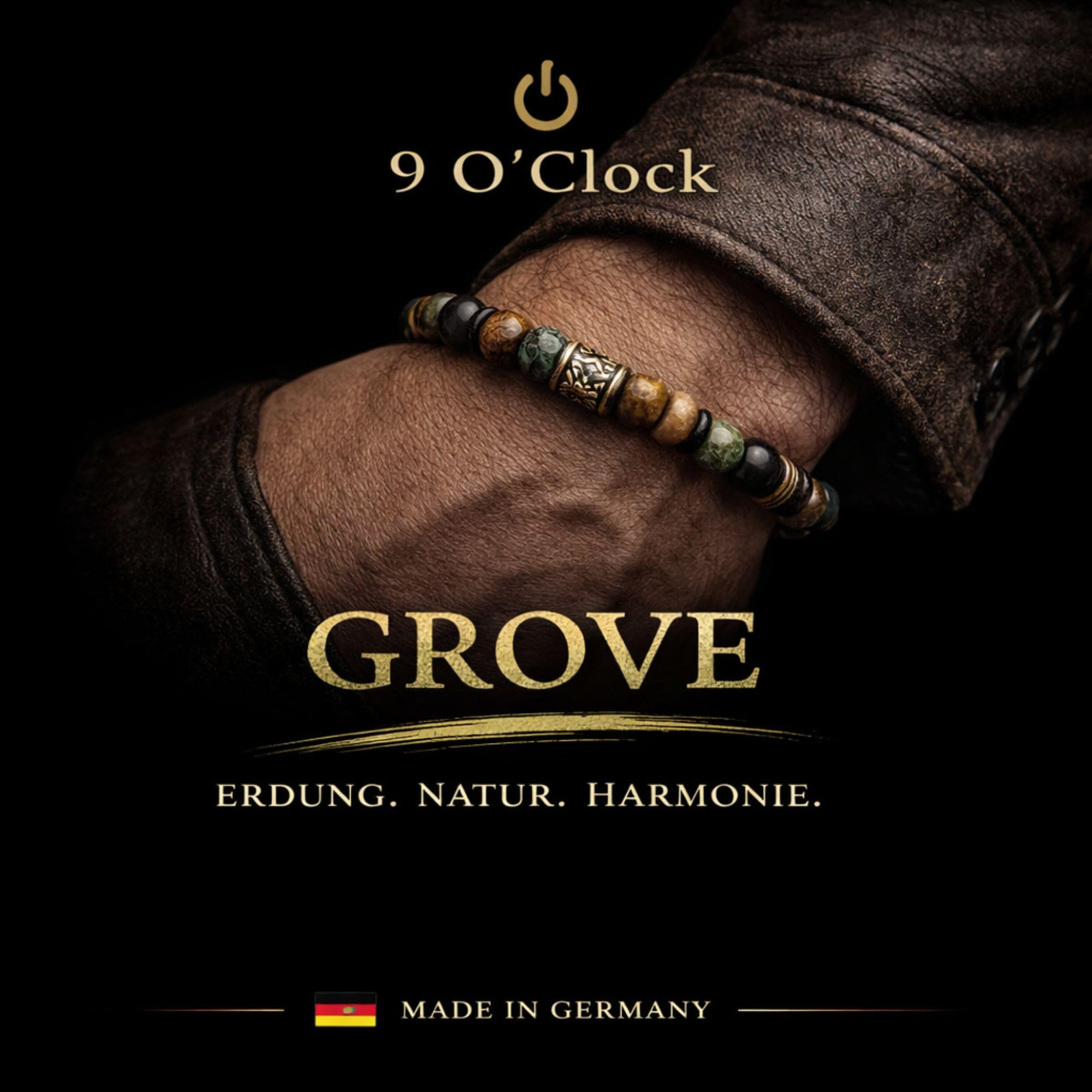 9 - O`Clock Perlenarmband Herren 8mm – Grüner Jaspis & Onyx Schwarz – Tigerauge Matt – Naturstein Armband Männer – Handgemacht in Deutschland – Schmuck Herren Geschenk GROVE