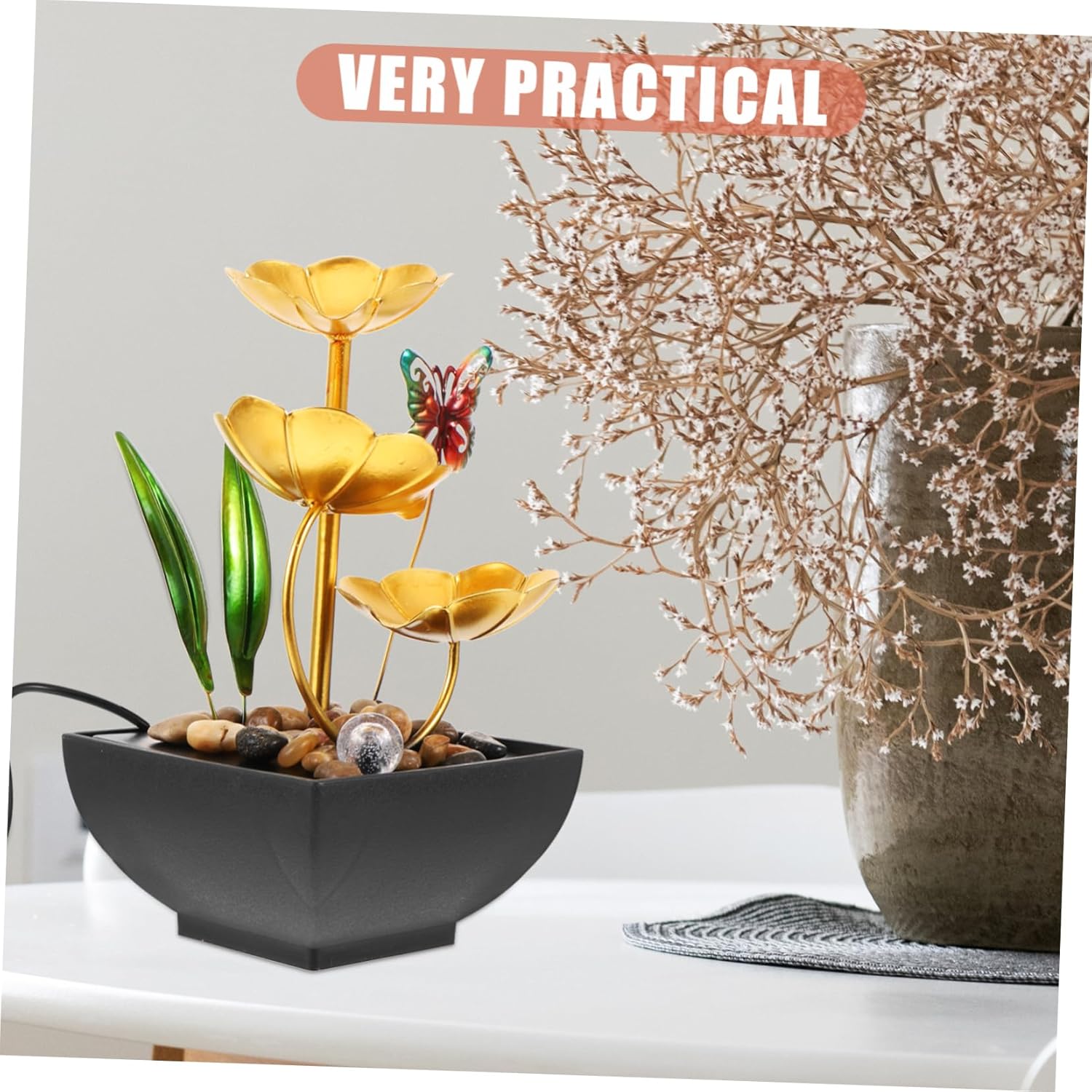 Alipis Iron Art Water Fountain Decor Tabletop Ornament for Office Feng Shui Indoor Mini Waterfall Feature LED Lights and Lotus Leaf Design