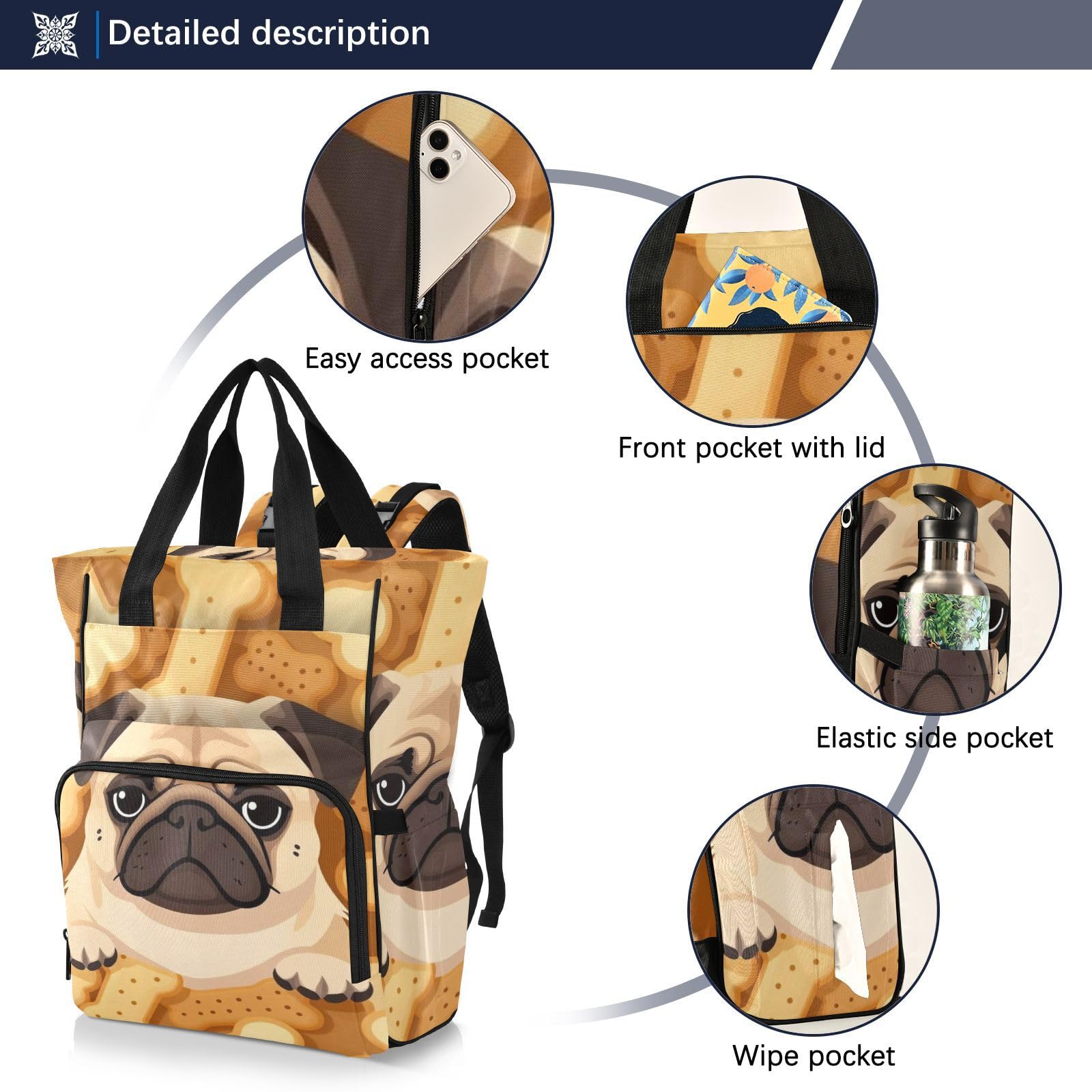 Bolsas de pañales para bebé, niña, niño, lindo perro carlino en galletas de