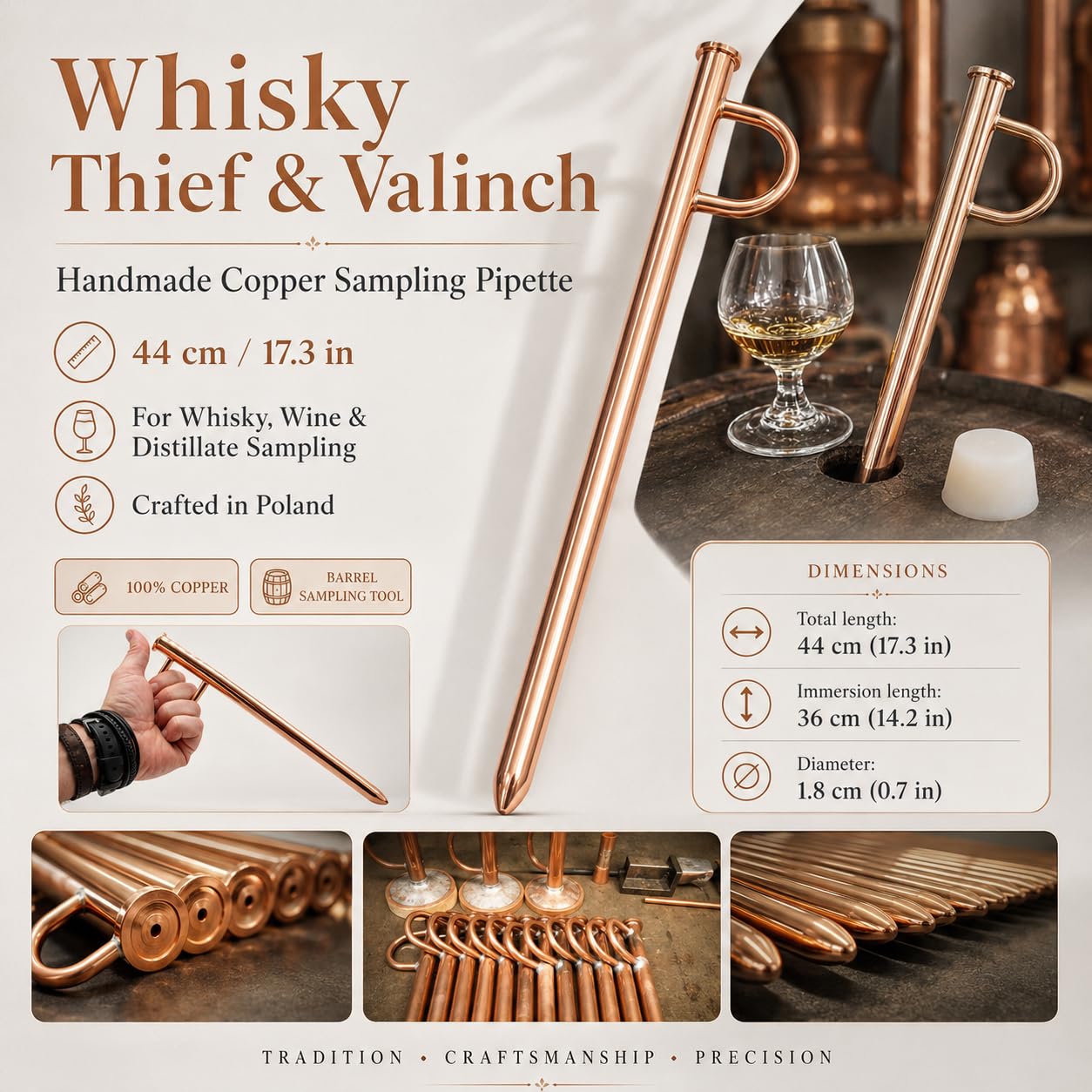 Miedziana pipeta do degustacji 44 cm - Valinch Whisky Barrel Thief