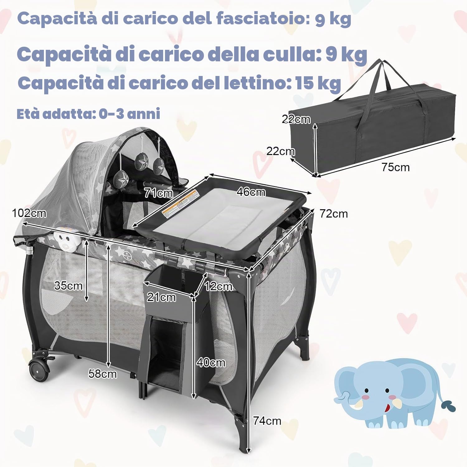 FANTASK Lettino 4 in 1 grigio con arco e carillon con ruote, borsa per il trasporto, lettino portatile da viaggio con materasso pieghevole, fasciatoio, baldacchino, per bambini fino a 36 mesi