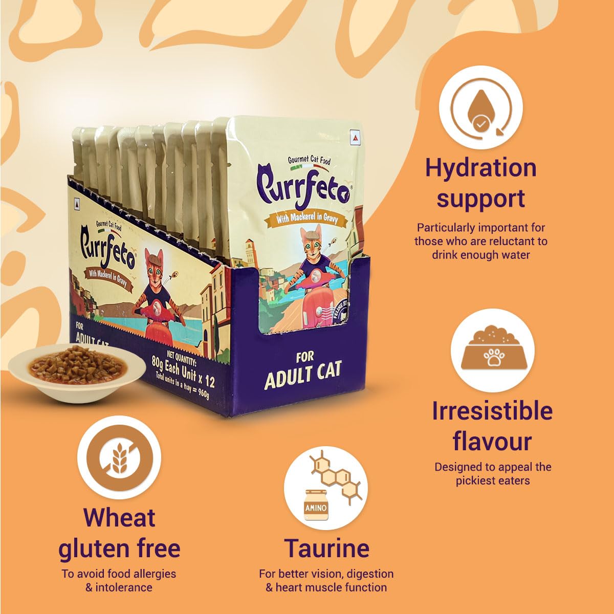 Purrfeto Adult Wet Cat Food | Mackerel in Gravy |80 GMS, Pack of 48| Gluten Free | Supports Hydration | Highly Palatable 2