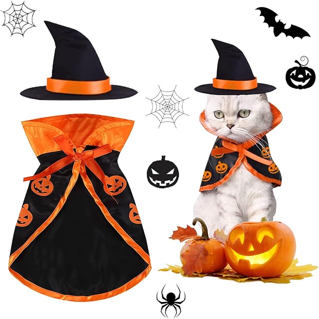 Halloween Pet Costumes, Dog Halloween Costumes, Pet Halloween Cape Costume, Pet Dog Halloween Cloak, Halloween Dog Cat Cape, Pet Wizard Costume Cape with Witch Hat Puppy Cat Halloween Apparels Outfits